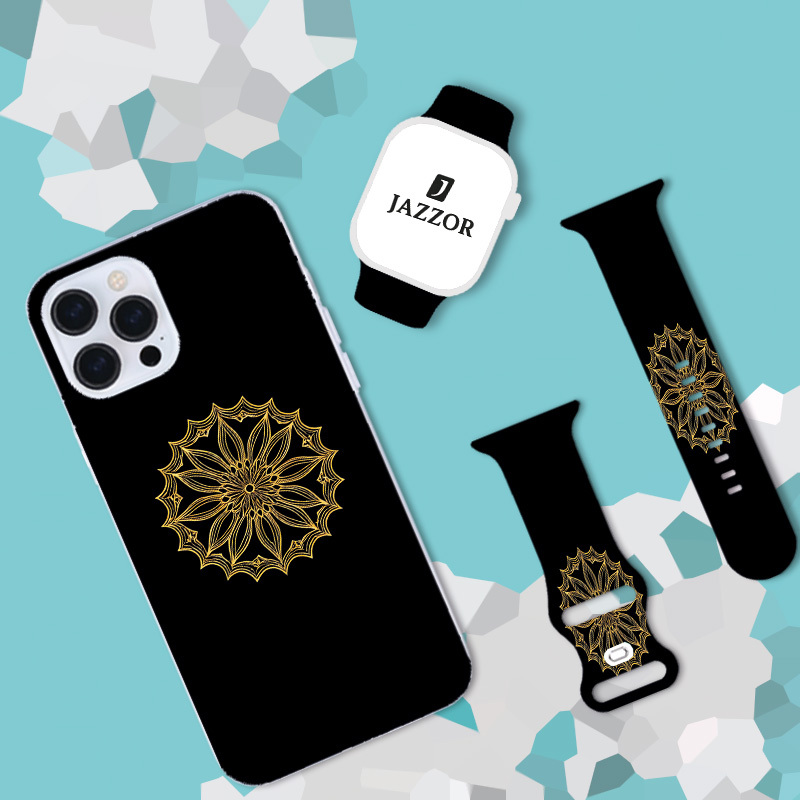 Chic Golden Patterns Unisex Silicone Watch Set, Gift Box